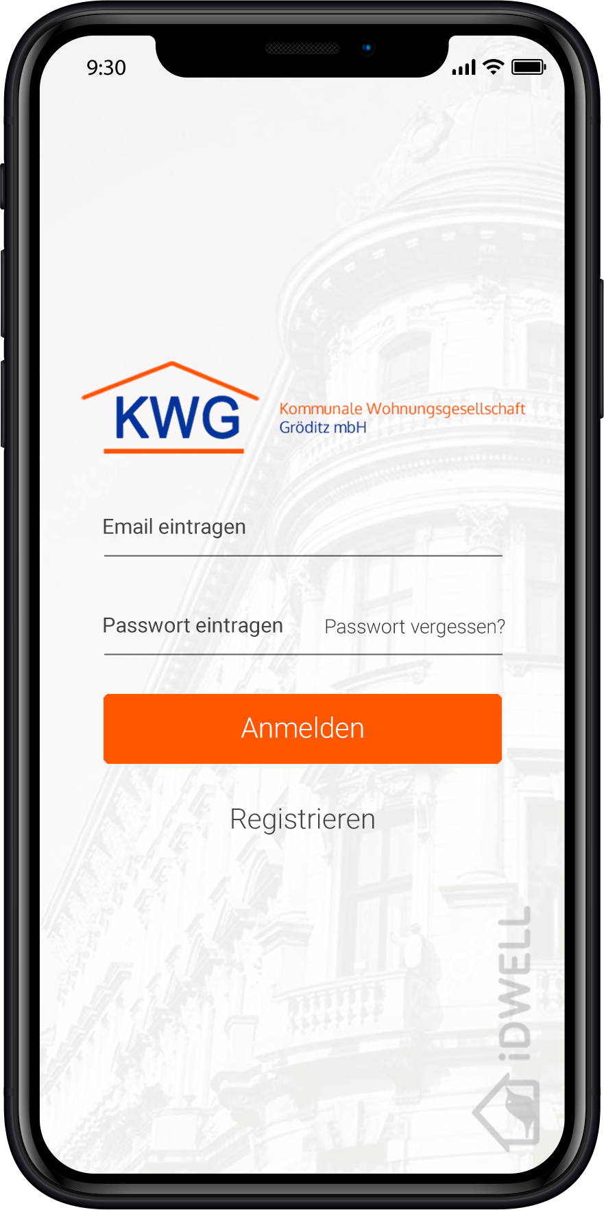 Screenshot der KWG Gröditz App auf einem Smartphone, geöffnet ist die Anmeldung mit E-Mail und Passwort eintragen Screenshot der KWG Gröditz App auf einem Smartphone, geöffnet ist die Anmeldung mit E-Mail und Passwort eintragen