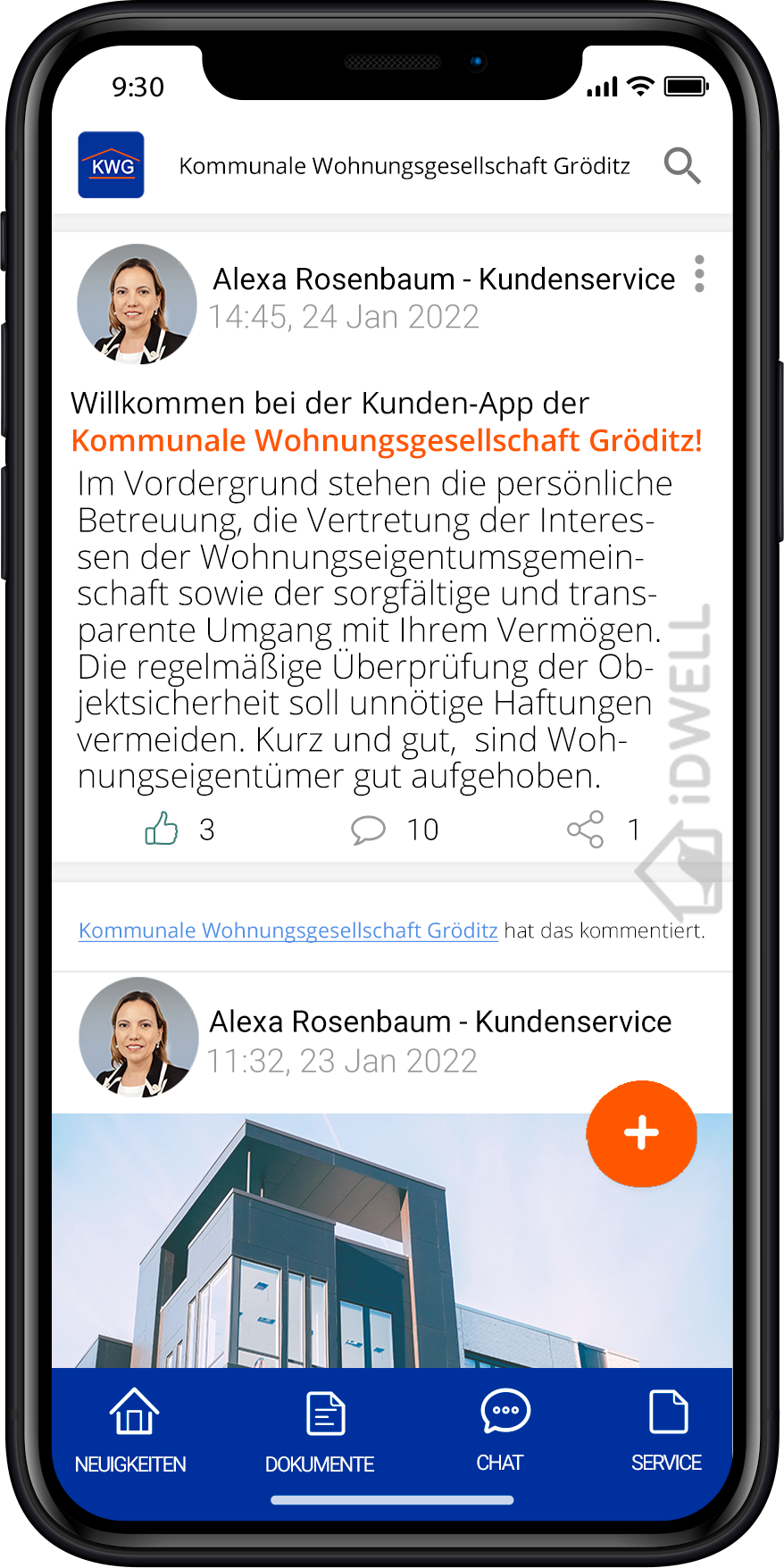 Screenshot der KWG Gröditz App auf einem Smartphone, geöffnet ist der Kundenservice mit verschiedenen Funktionen und Nutzerinformationen. Screenshot der KWG Gröditz App auf einem Smartphone, geöffnet ist der Kundenservice mit verschiedenen Funktionen und Nutzerinformationen.