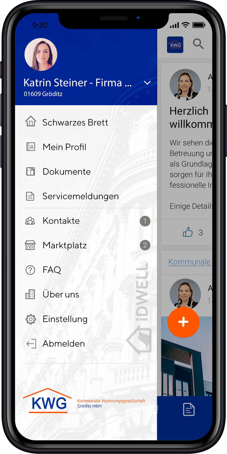 Screenshot der KWG Gröditz App auf einem Smartphone, geöffnetes Hauptmenü mit verschiedenen Funktionen und Nutzerinformationen. Screenshot der KWG Gröditz App auf einem Smartphone, geöffnetes Hauptmenü mit verschiedenen Funktionen und Nutzerinformationen.